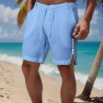 Мужские хлопчатобумажные льняные шорты, брюки на молнии сбоку, мужские Летние Дышащие Однотонные льняные брюки для фитнеса, пляжа, уличной одежды, толстовки