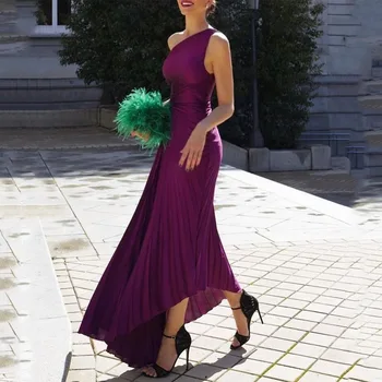 Элегантные Фиолетовые Плиссированные платья с нерегулярными оборками, Женские платья с диагональным воротником, Асимметричное вечернее платье без рукавов, Vestidos